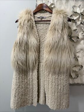 GUESS Faux Fur Knit Long Vest Size S Cream Open Front Pockets